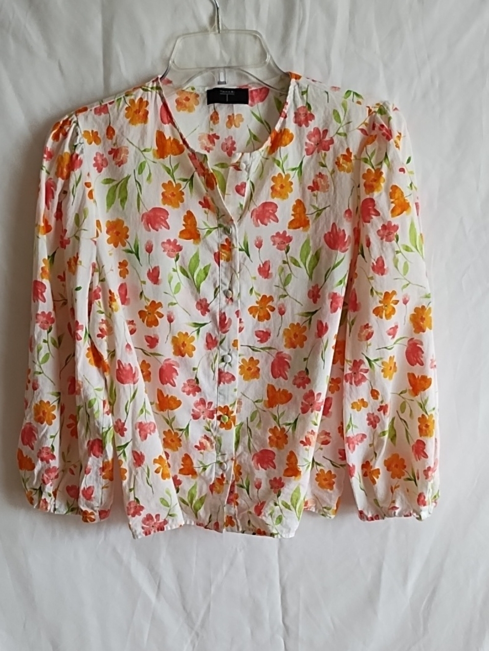 Tahari White Blouse with Orange & Pink Floral Print